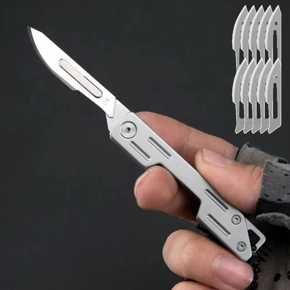 Machinery Stainless Steel Folding Scalpel Medical Folding Knife EDC Outdoor Unpacking Pocket Knife with 10pcs Replaceable Blades
