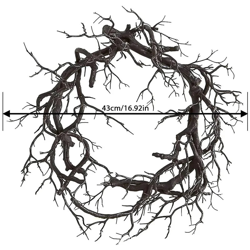 Halloween Black Branch Wreath with LED String Lights – Witch Hat, Skull & Pumpkin Front Door Decoration – Purple or Red Light, Battery-Operated