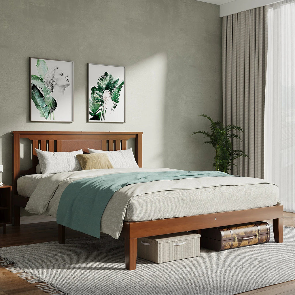 MCQ Pine Wood Platform Bed Frame with Slatted Headboard - 800lb Rated, 8" Under-Bed Clearance, No Box Spring, Twin / Full / Queen / King