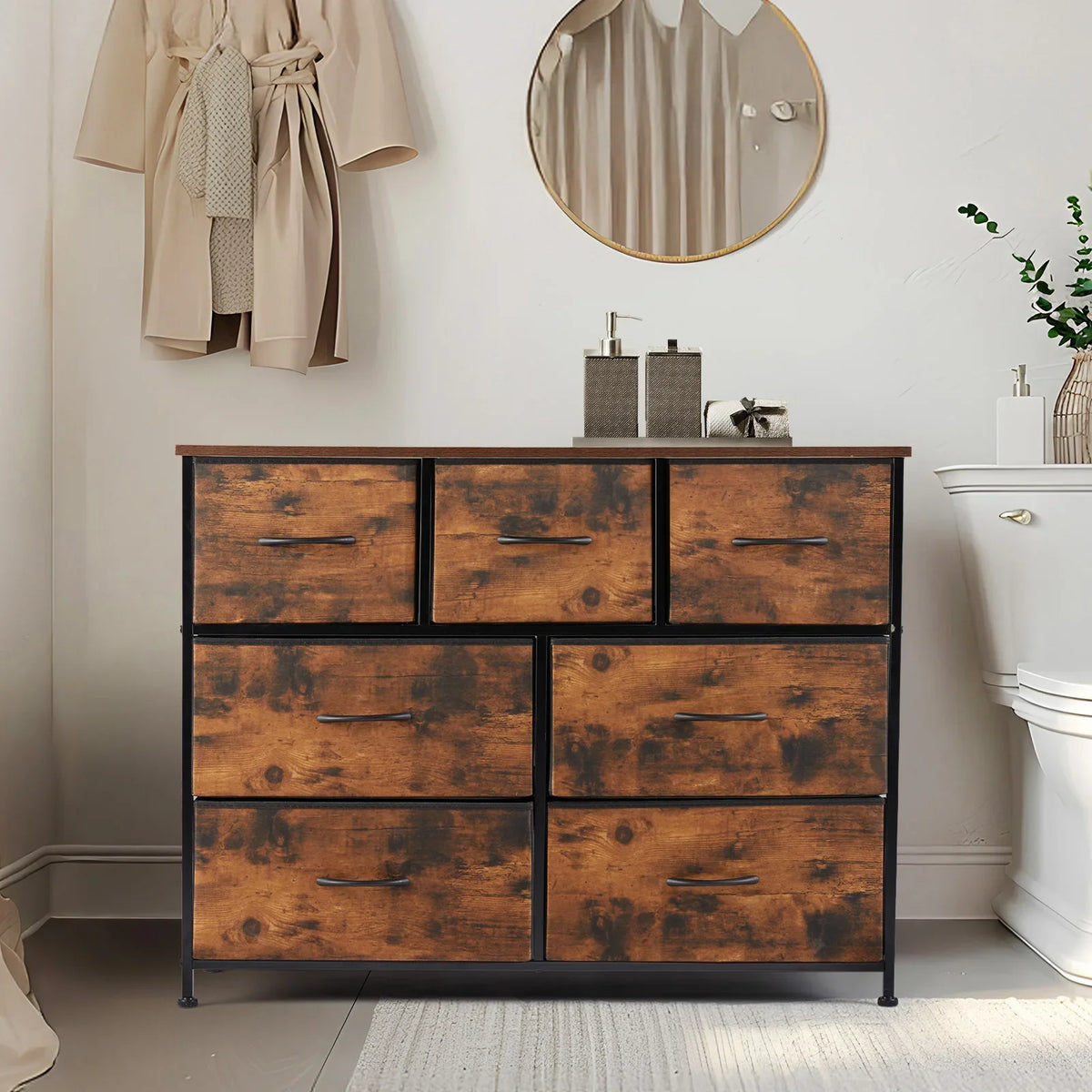 MCQ 7-Drawer Fabric Storage Cabinet - Metal Frame, Wooden Top, 66lb Capacity, 4 Adjustable Feet, Ivory / Light Gray / Rust / Black