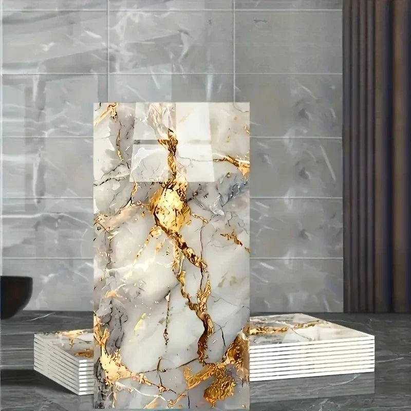 10PCS 3D Marble Effect Tile Stickers Waterproof Self Adhesive Wall Panels for Bathroom Kitchen Floor Renovation and Home Decor