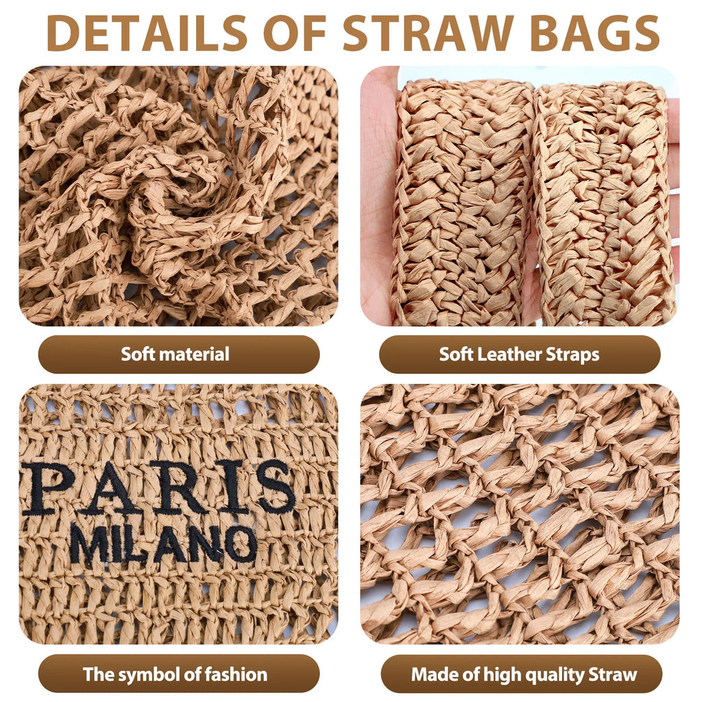 Handmade Woven Straw Beach Tote Bag - Large Capacity, Embroidered Detail, Shoulder or Hand Carry, Khaki / Beige