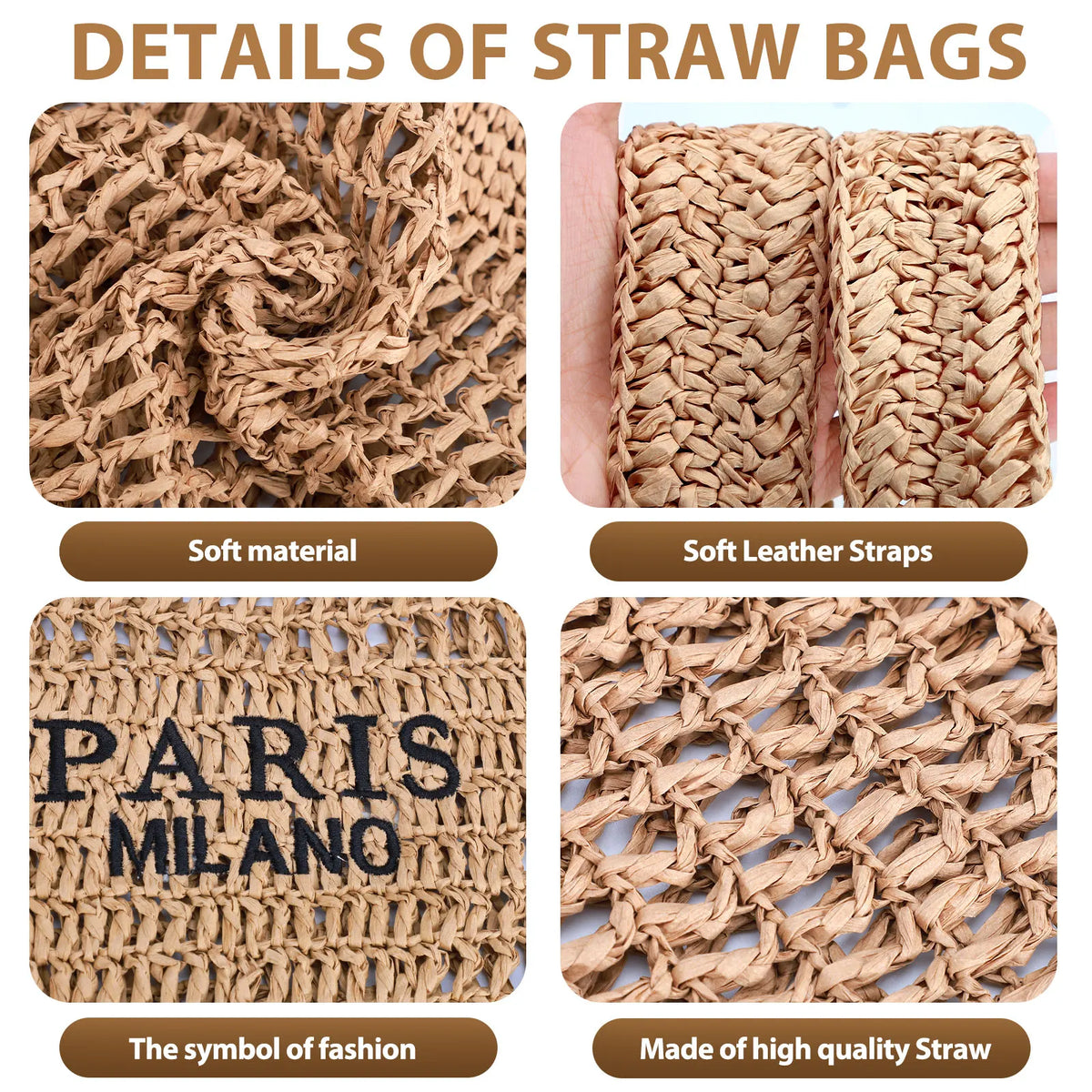 Handmade Woven Straw Beach Tote Bag - Large Capacity, Embroidered Detail, Shoulder or Hand Carry, Khaki / Beige