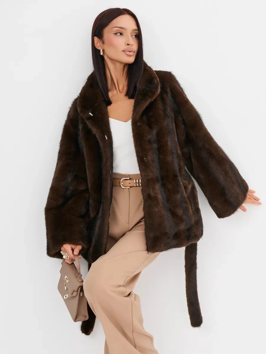 2026 Autumn Winter Women Faux Mink Fur Coat Lapel Collar Belted Long Jacket Luxury Fluffy Outerwear Brown