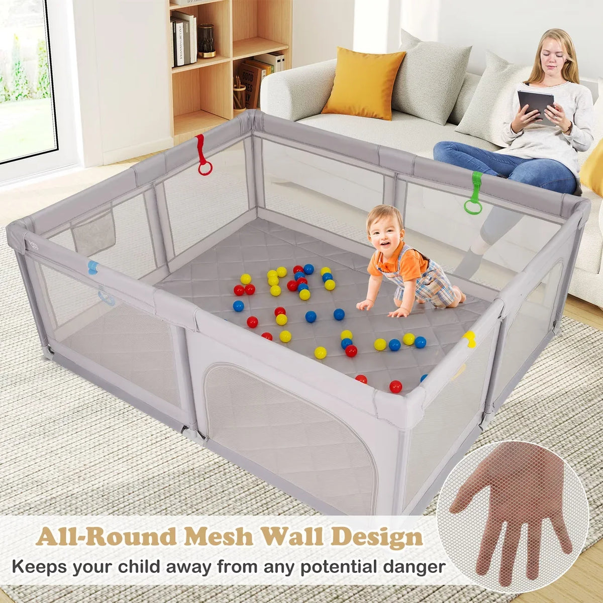 Baby Fabric Playpen, Portable Activity Center with Mesh Sides