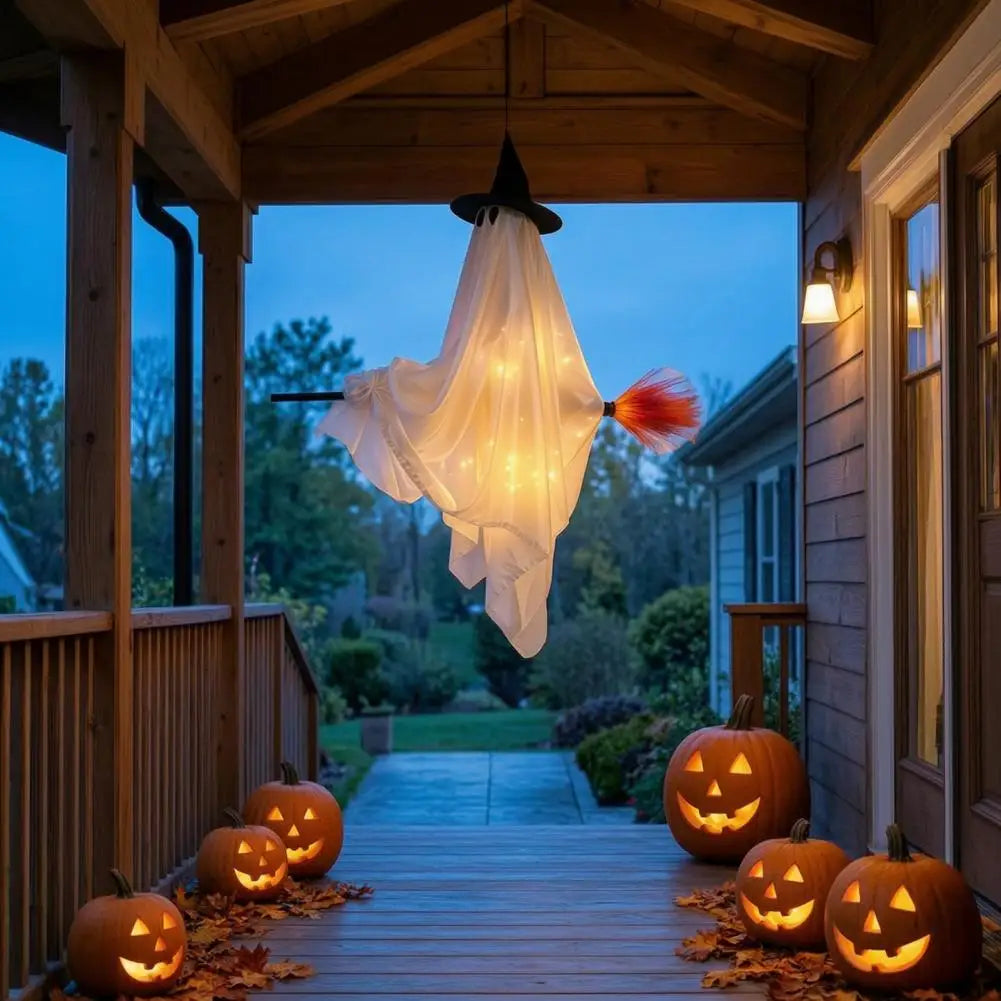 Hanging Ghost with Broom Halloween Decoration, Light Options