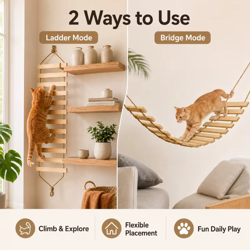 Natural Wood Cat Climbing Ladder Bridge, Flexible Hanging Cat Toy for Wall Path, Shelves, Cat Tree and Condo