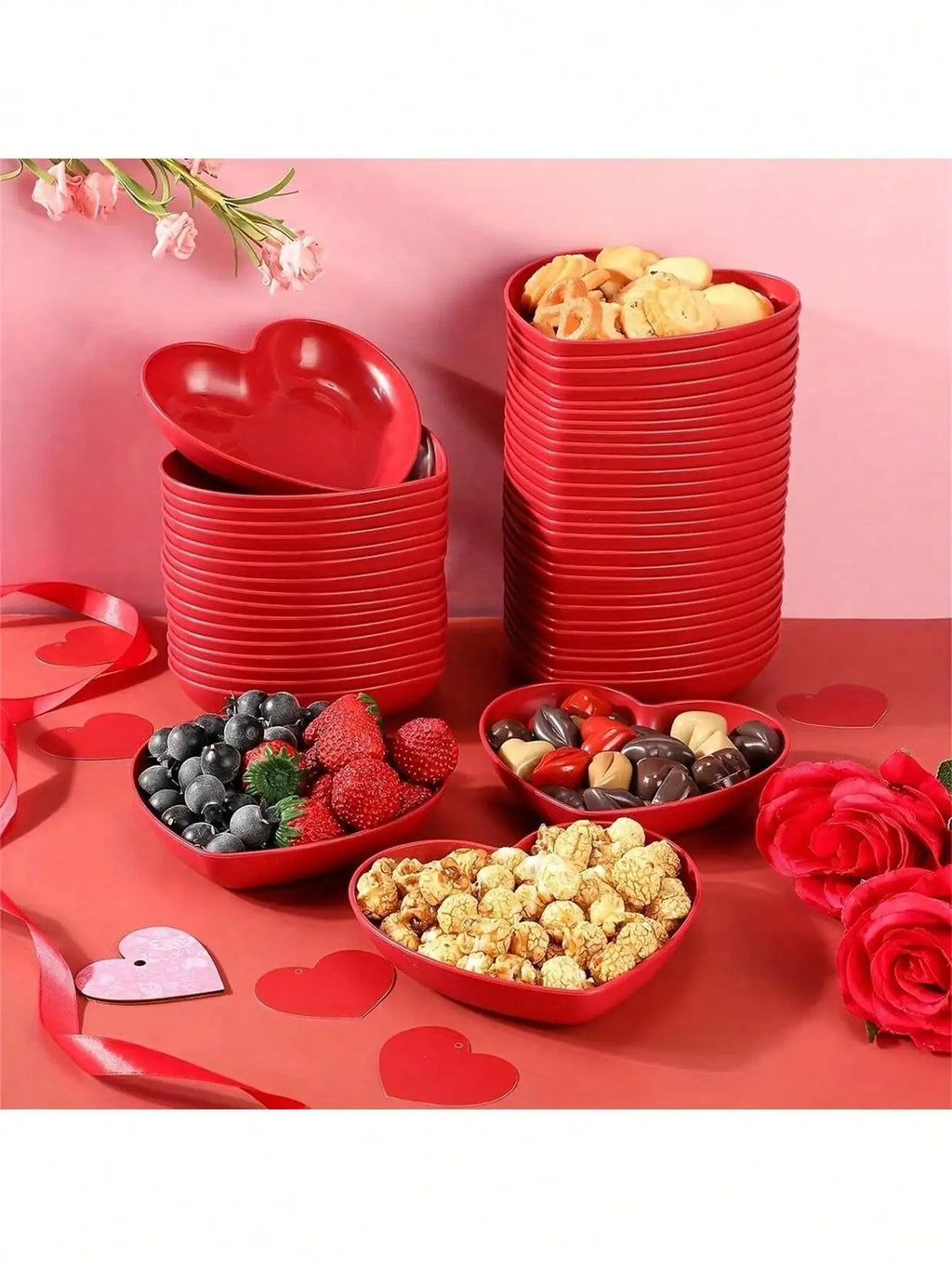 1/5/10/20pcs Plastic Heart Shaped Dinner Plate Set - Red And Pink Heart Themed Fruit Snacks Plate,Suitable For All Parties