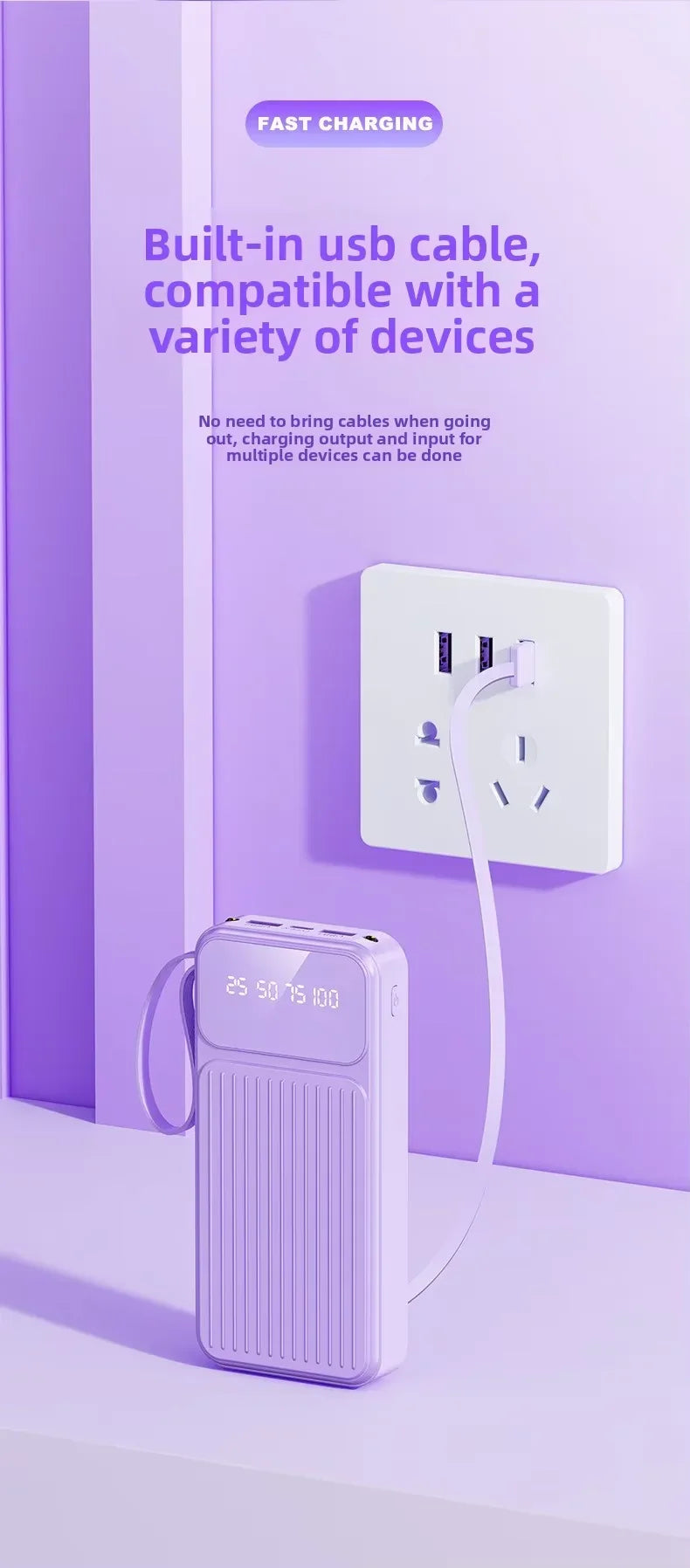 20000mAh Portable Power Bank with 4 in1 Cable Charger LED Digital Display Powerbank External Battery For iphone Xiaomi 17 Huawei