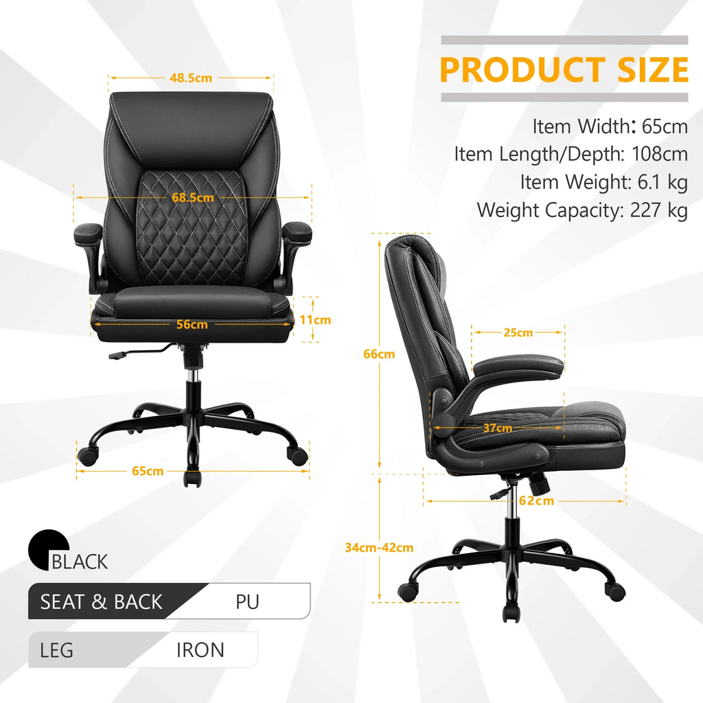 KERDOM Office Desk Chair, Mid Back Executive Leather Chair,Ergonomic Home Computer Chair,Modern Conference Room Chairs with Adjustable Flip-Up Arms and Rocking Function, Black