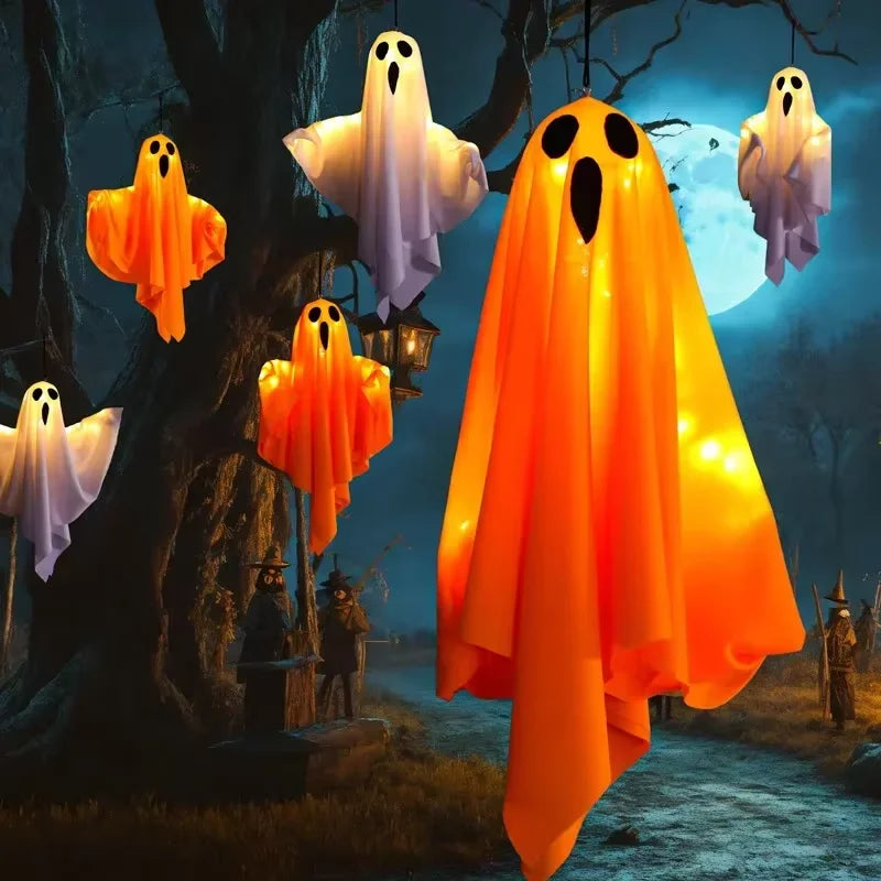 Glowing LED Hanging Ghost Halloween Decoration, White or Orange