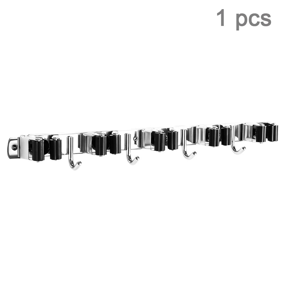 4-Hook Adhesive Broom Mop Organizer Stainless Steel Wall-Mounted Non-Slip Rack Storage Solution for Home Kitchen Garden Laundry