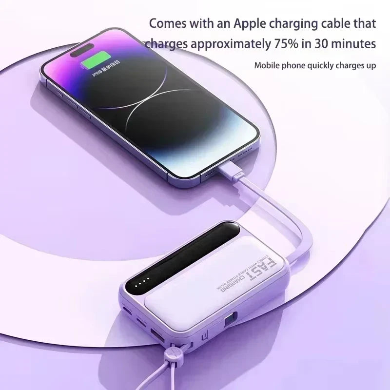 Lenovo Fast Charging Mini Battery Pack 50000mAh Power Bank with 4 Built-in Type C Cables for iPhone Samsung Android Devices