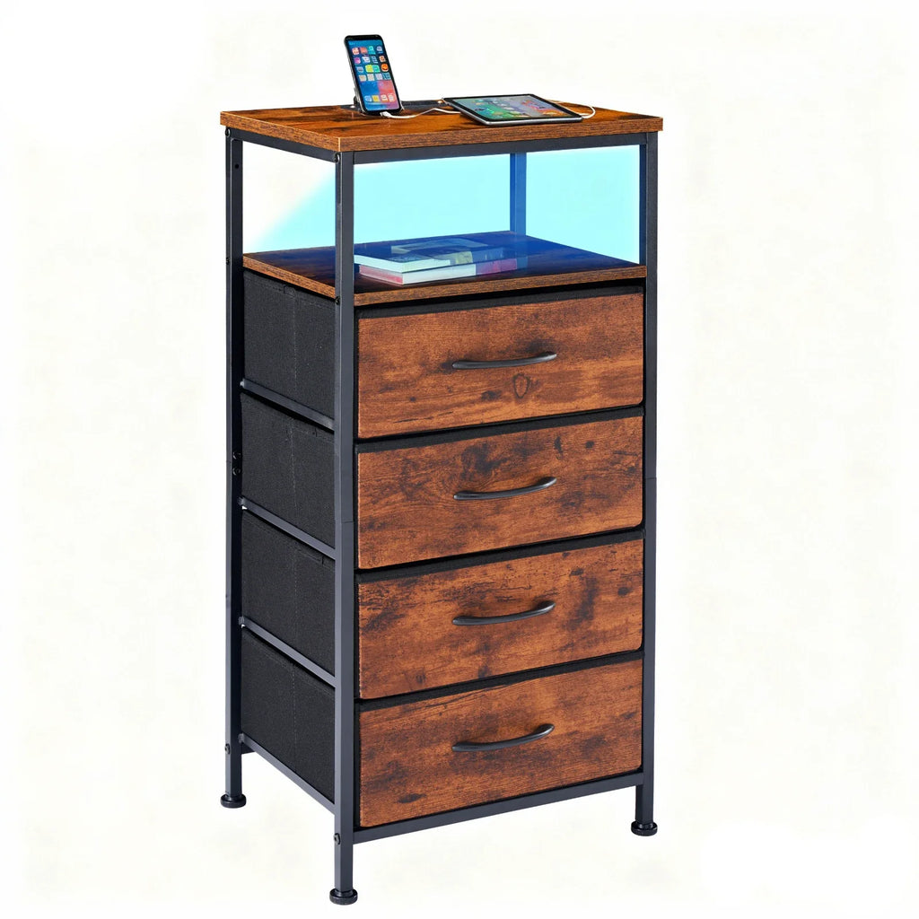 MCQ 4 Fabric Drawers with Charging Station Cabinets LED Light Strip Bedside End Table Storage Nightstand for Home Furniture