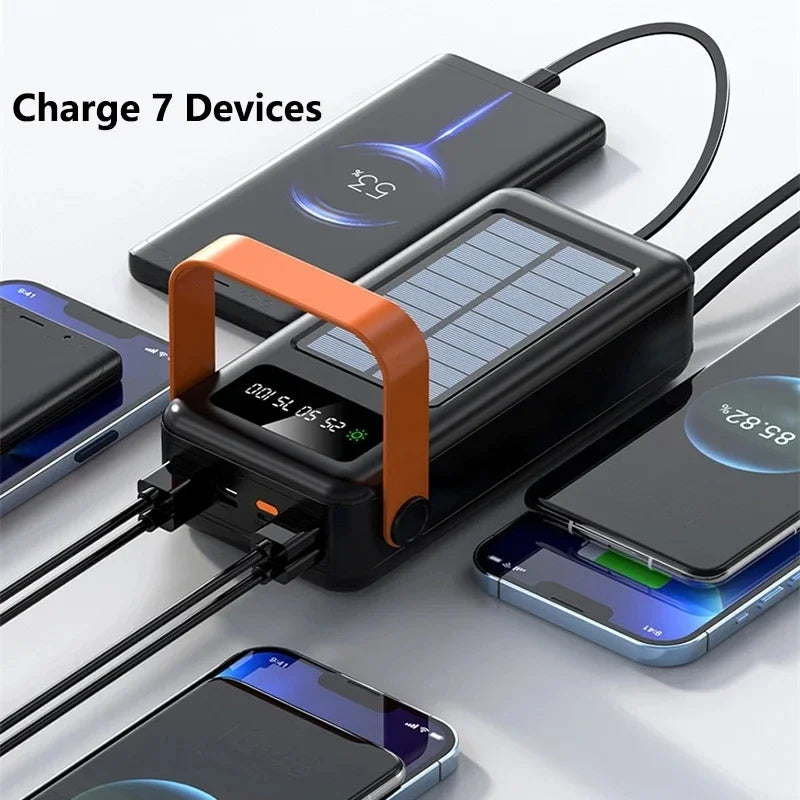 100000mAh Power Bank Portable Charger with Solar Panel, Fast Charging External Battery Pack, 4 Cables, Flashlight