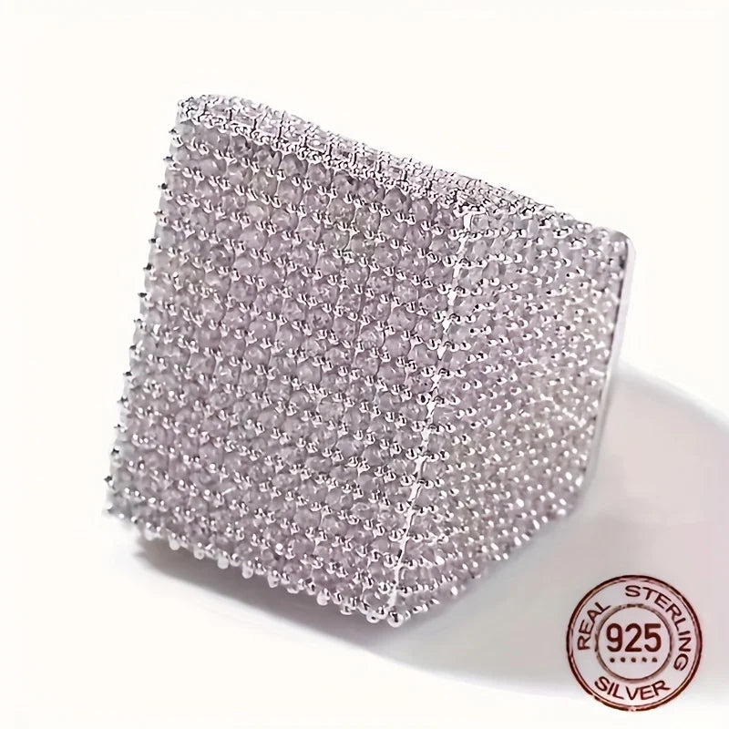 Men's 925 Sterling Silver Rectangle Zircon Statement Ring