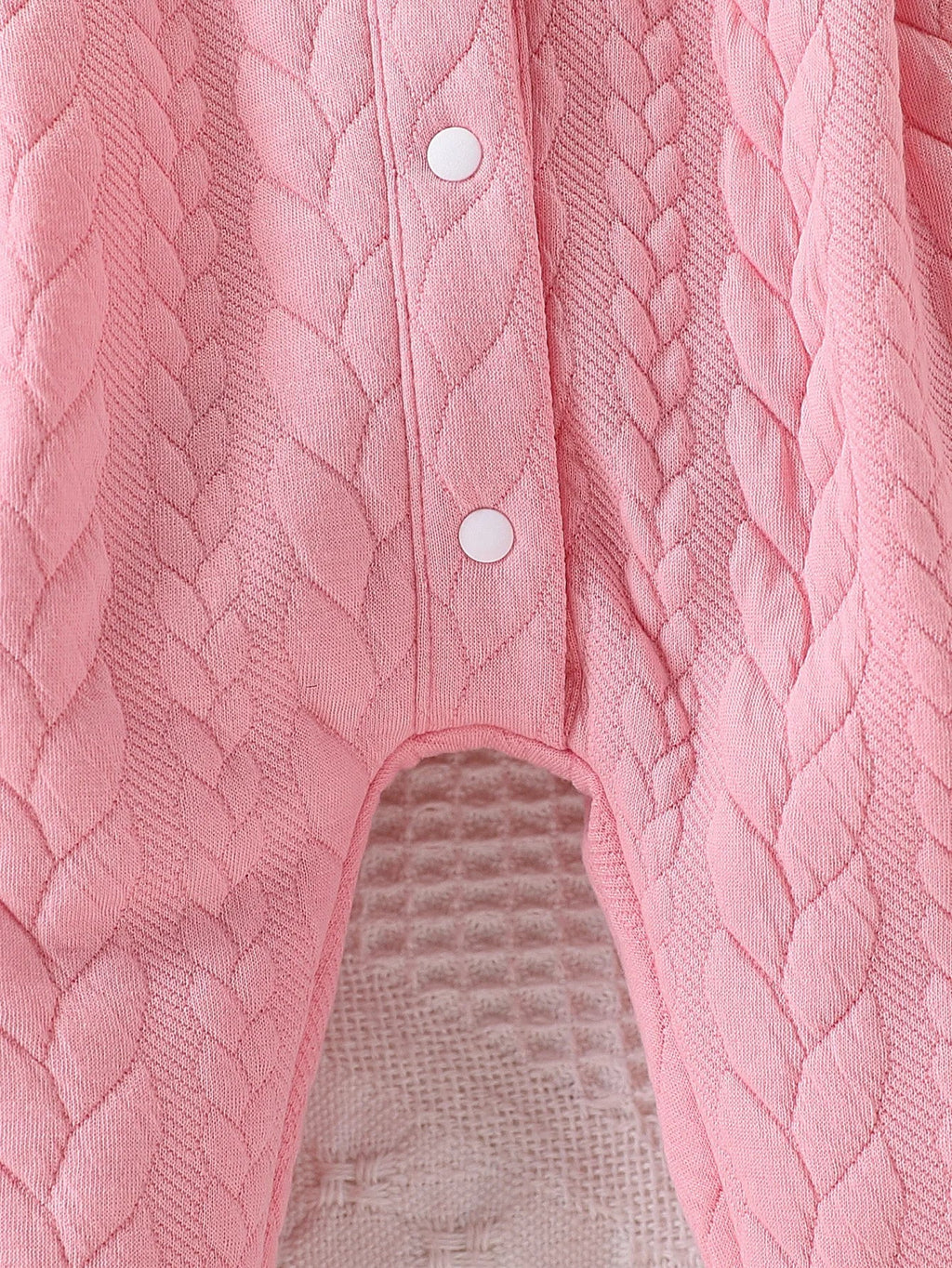 Pink Thickened One-Piece Romper for Baby Girls, with Cable Knit Quilted Fabric, Doll Collar with Hollow Lace, Double Bow, Snap Buttons on the Front and Crotch, Warm and Cute