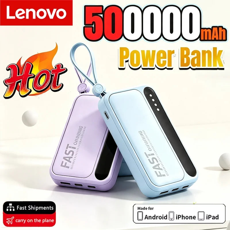 Lenovo 2026New 500000mAh 120W Super Fast Charging 4 In1 Cables Portable Power Bank Powerbank For Iphone Huawei Samsung