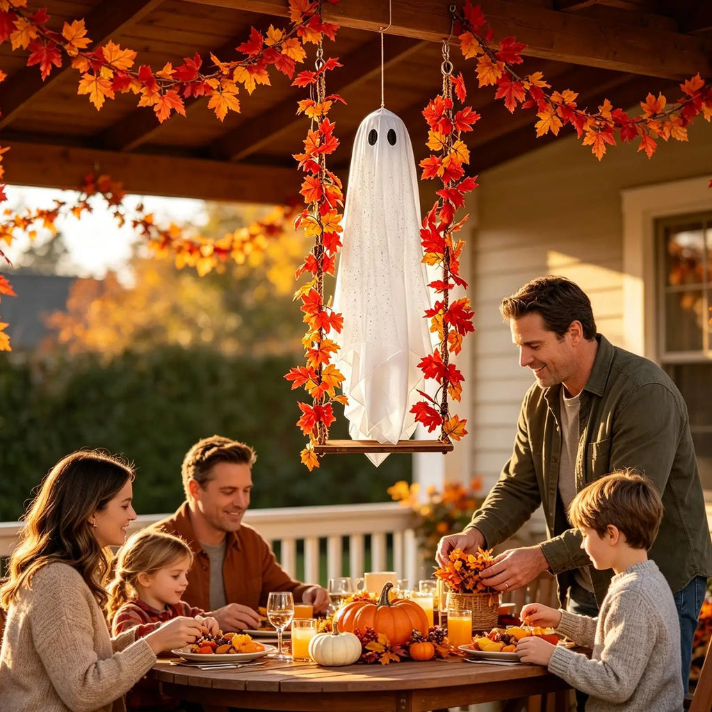 Halloween Porch Decor Glowing Swinging Ghost Prop Halloween Hanging Swing Ghost Decoration with Witch Hat Light-up for Yard
