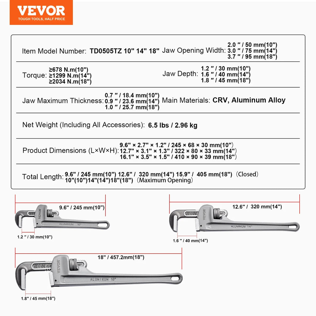 SucceBuy Aluminum Straight Pipe Wrench - CRV Jaw, Ergonomic H-Handle, 10" to 48" Sizes