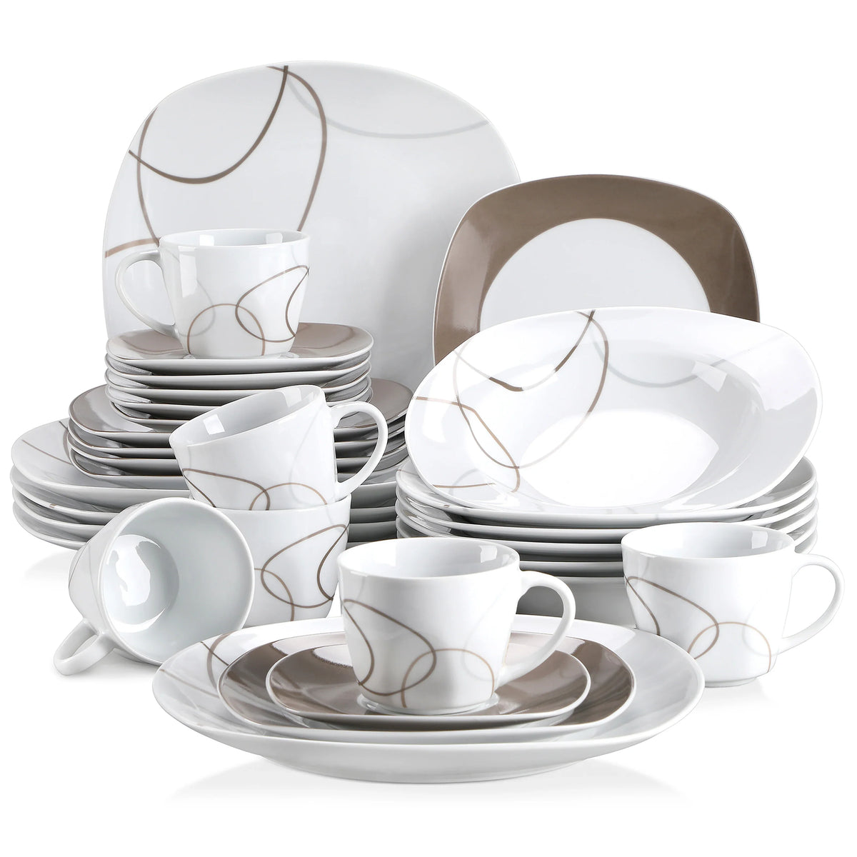 VEWEET 30-Piece Porcelain Ceramic Kitchen Dinner Plate Set with 6pcs Dessert Plates/Soup Plates/Dinner Plates/Cups/Saucers