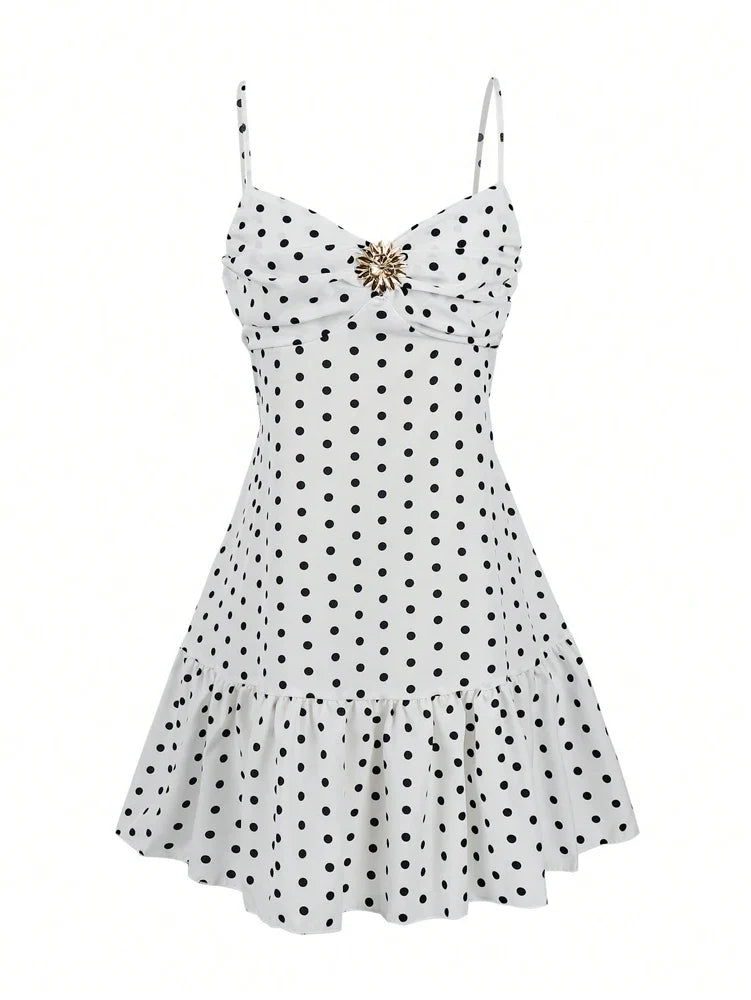2026 Summer New Women's Polka Dot Mini Dress, Sexy Spaghetti Strap Ruffle Hem Cami Dress, Vacation Beach Party Dress