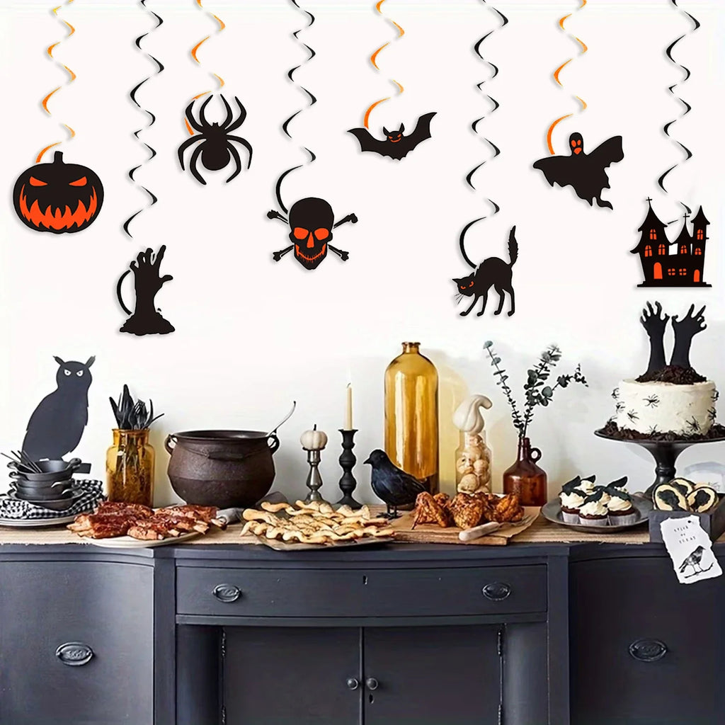 Halloween Hanging Swirl Ceiling Decorations Set – Pumpkin, Spider, Bat, Skull, Ghost & Black Cat Cutout Streamers for Party Decor