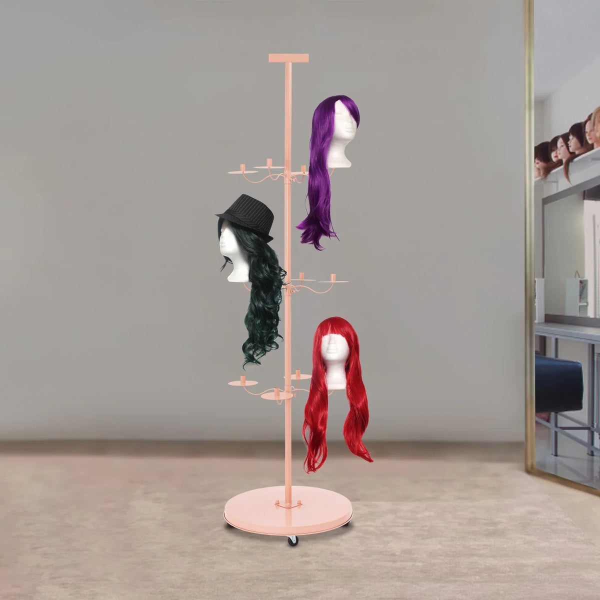 12-Arm Rolling Wig Display Stand with 360° Rotating Tiers