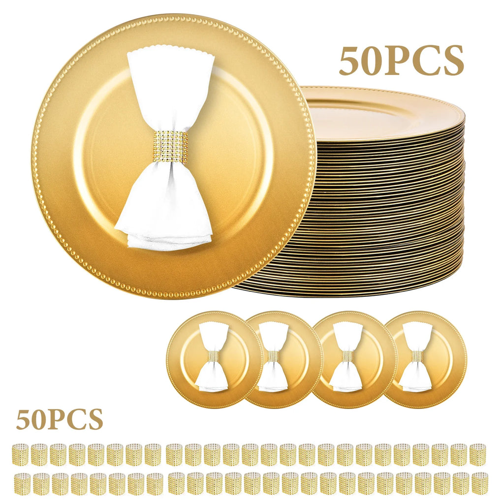 Gold Charger Plates Set of 50 Bulk 13 Inch Round Heavy Duty Reusable Plastic Dinner Chargers with Matching Napkin Ring Holders, Elegant Beaded Decorative Table Setting Serveware for Wedding Reception Christmas Party Holiday B