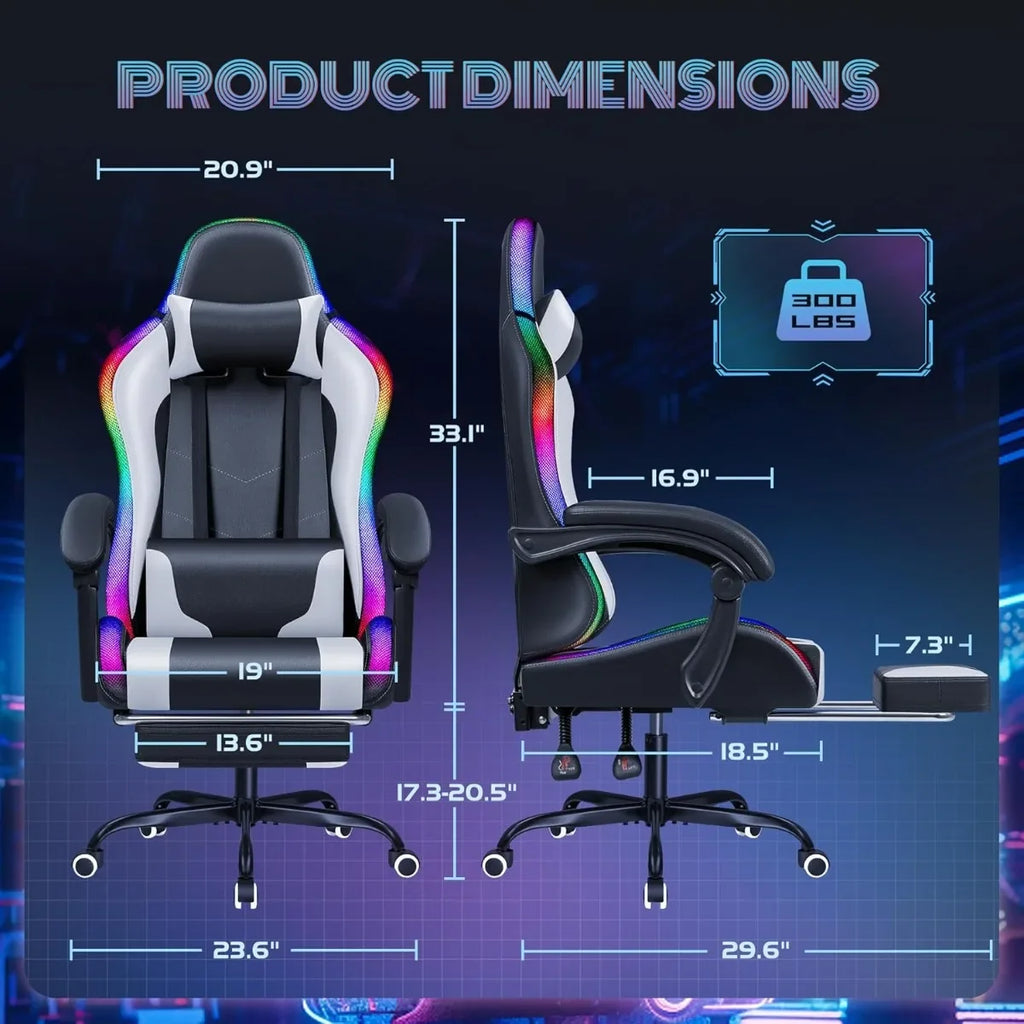 Chair with RGB LED Lights, Massage Lumbar Support & Footrest, Reclining High Back Computer Gamer Chair (White)