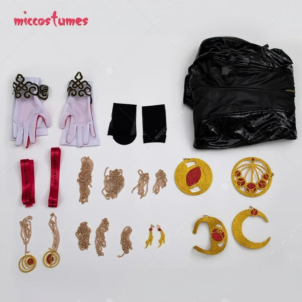 【Ready for Ship】Miccostumes Women's Black Witch Cosplay Costume Backless Bodysuit with Gloves Chains and Socks for Halloween
