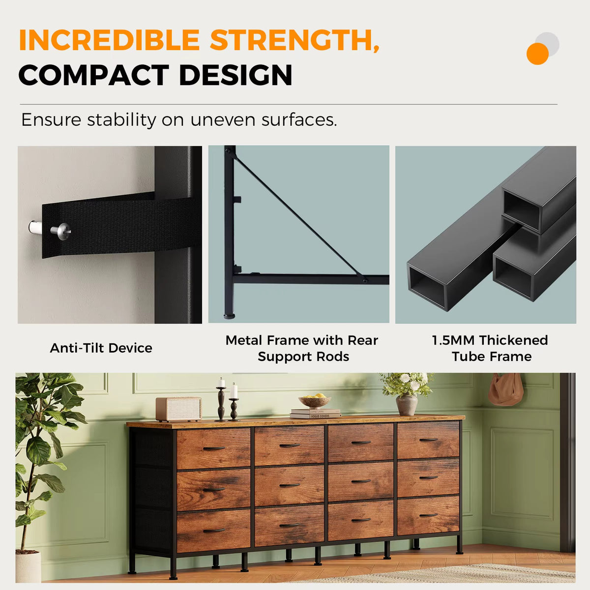 JHK 12-Drawer Fabric Storage Cabinet - Metal Frame, 12mm Particleboard Top, 110lb Capacity, Anti-Tip, Gray / Black / Chocolate / Ivory