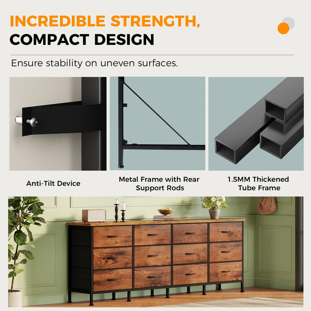 JHK 12-Drawer Fabric Storage Cabinet - Metal Frame, 12mm Particleboard Top, 110lb Capacity, Anti-Tip, Gray / Black / Chocolate / Ivory