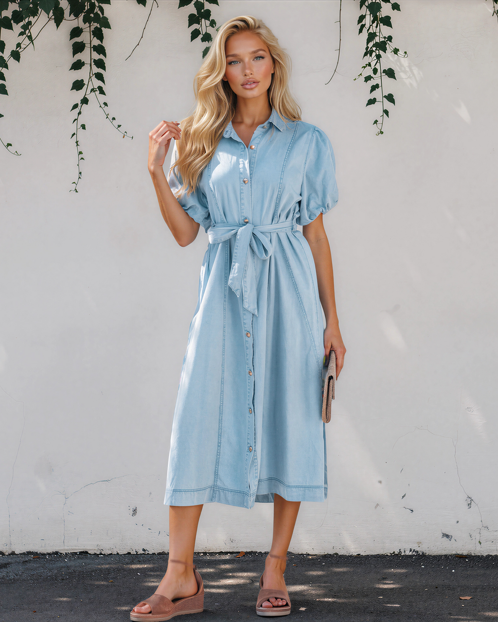 Giselle Collared Short Bubble Sleeve Long Denim Dress