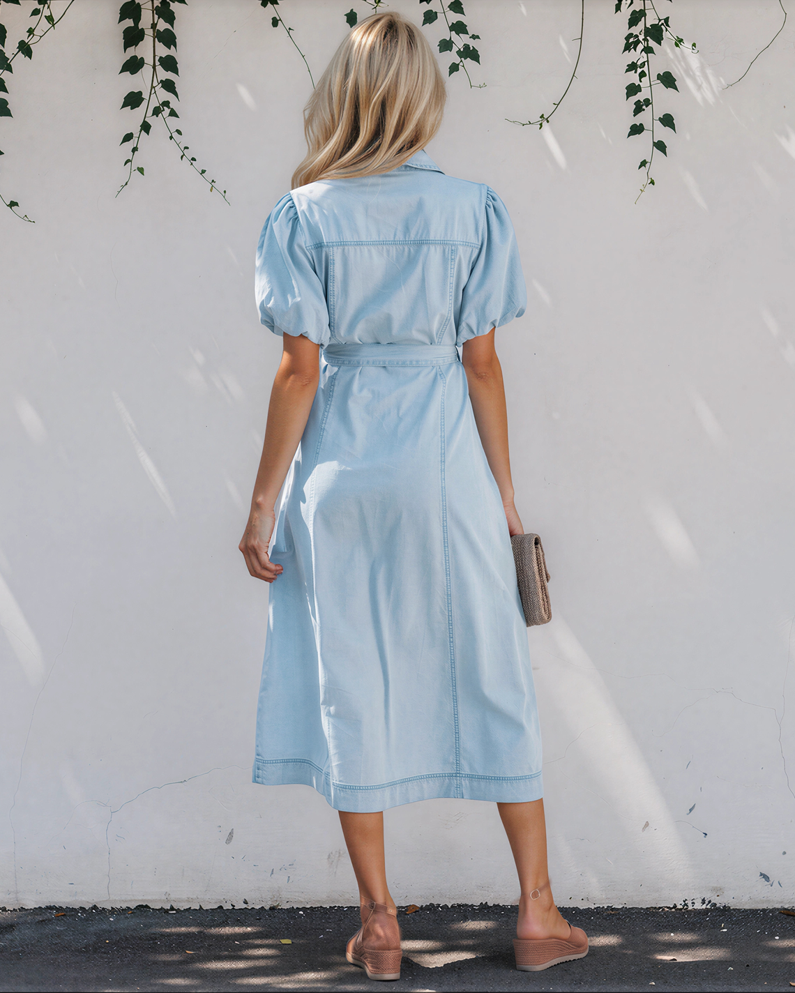 Giselle Collared Short Bubble Sleeve Long Denim Dress