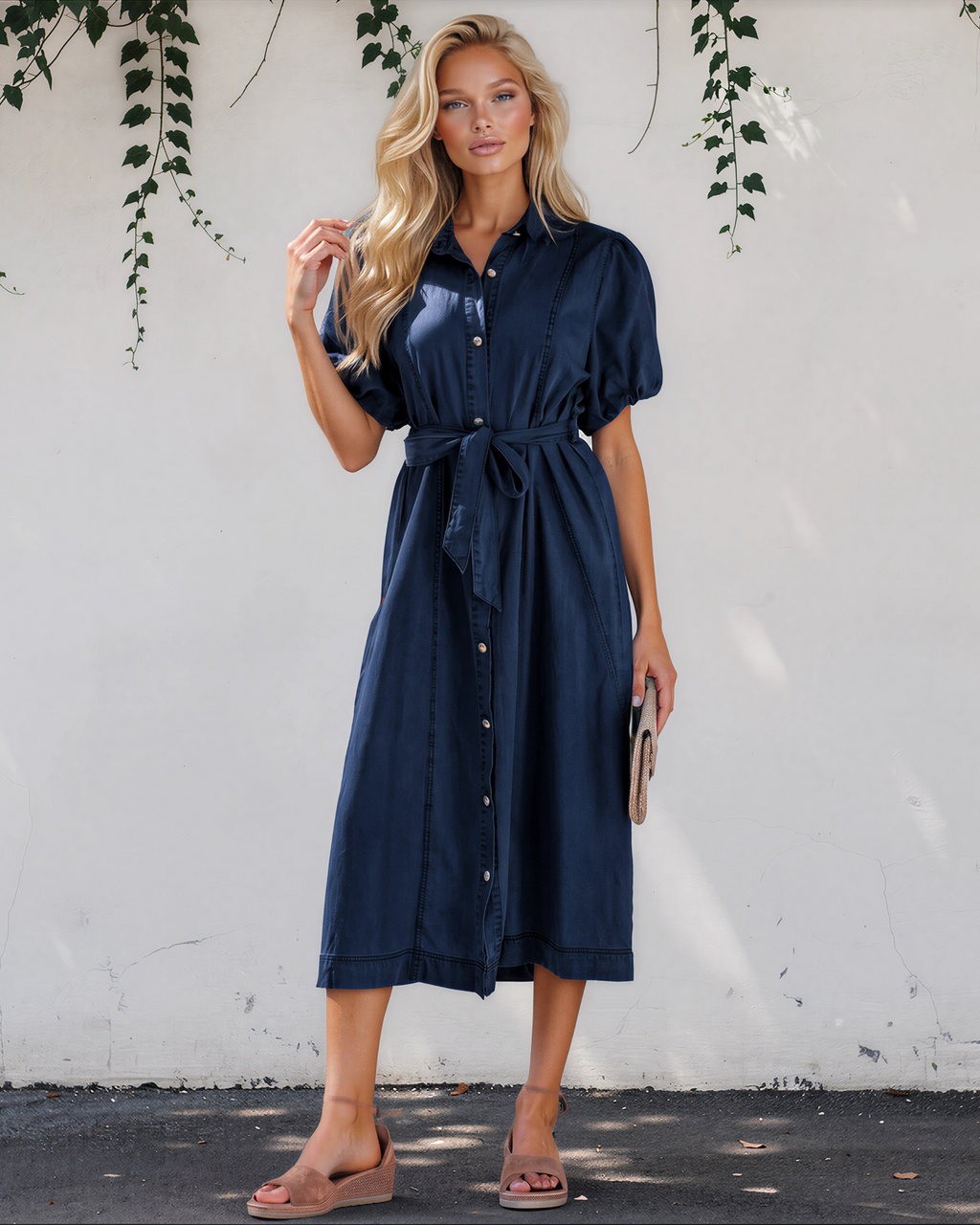Giselle Collared Short Bubble Sleeve Long Denim Dress