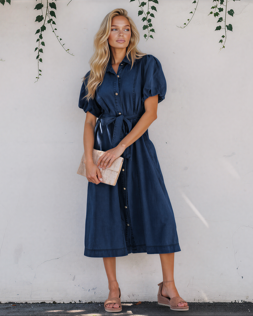Giselle Collared Short Bubble Sleeve Long Denim Dress