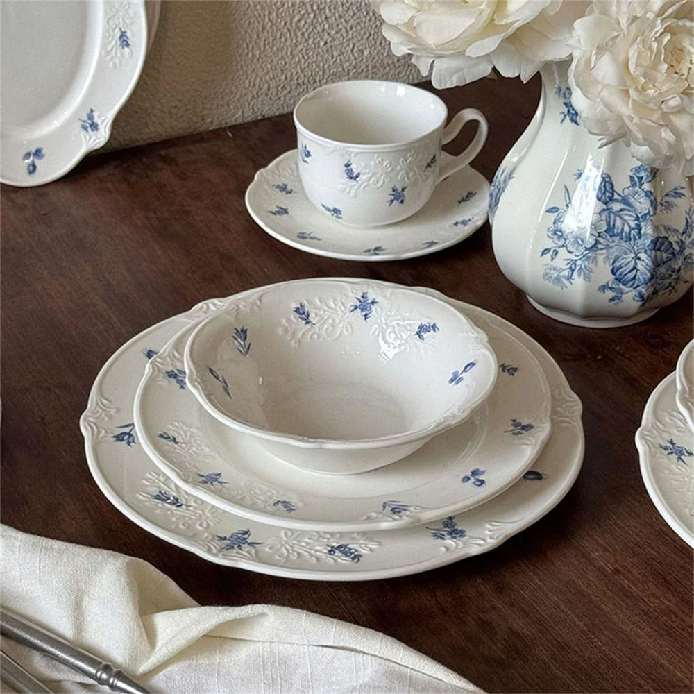 Simple Blue Printing Tableware Kitchen Supplies White Relief Tableware Western Dessert Steak Cake Dim Sum Fruit Dish Set