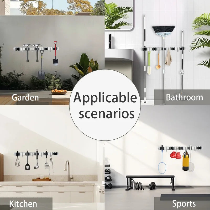 4-Hook Adhesive Broom Mop Organizer Stainless Steel Wall-Mounted Non-Slip Rack Storage Solution for Home Kitchen Garden Laundry