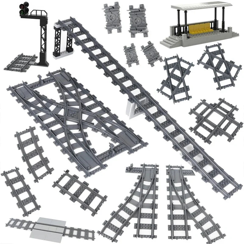 City Trains Railway Flexible Tracks Forked Straight Curved Rails Switch Kids DIY Building Block Bricks Track Toys For Children