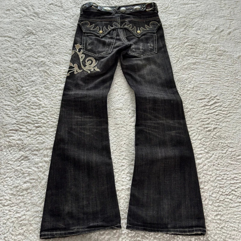 HOUZHOU Vintage Embroidery Patchwork Women Flared Jeans Y2k Harajuku Wide Leg American Style Denim Pants Baggy Punk Streetwear