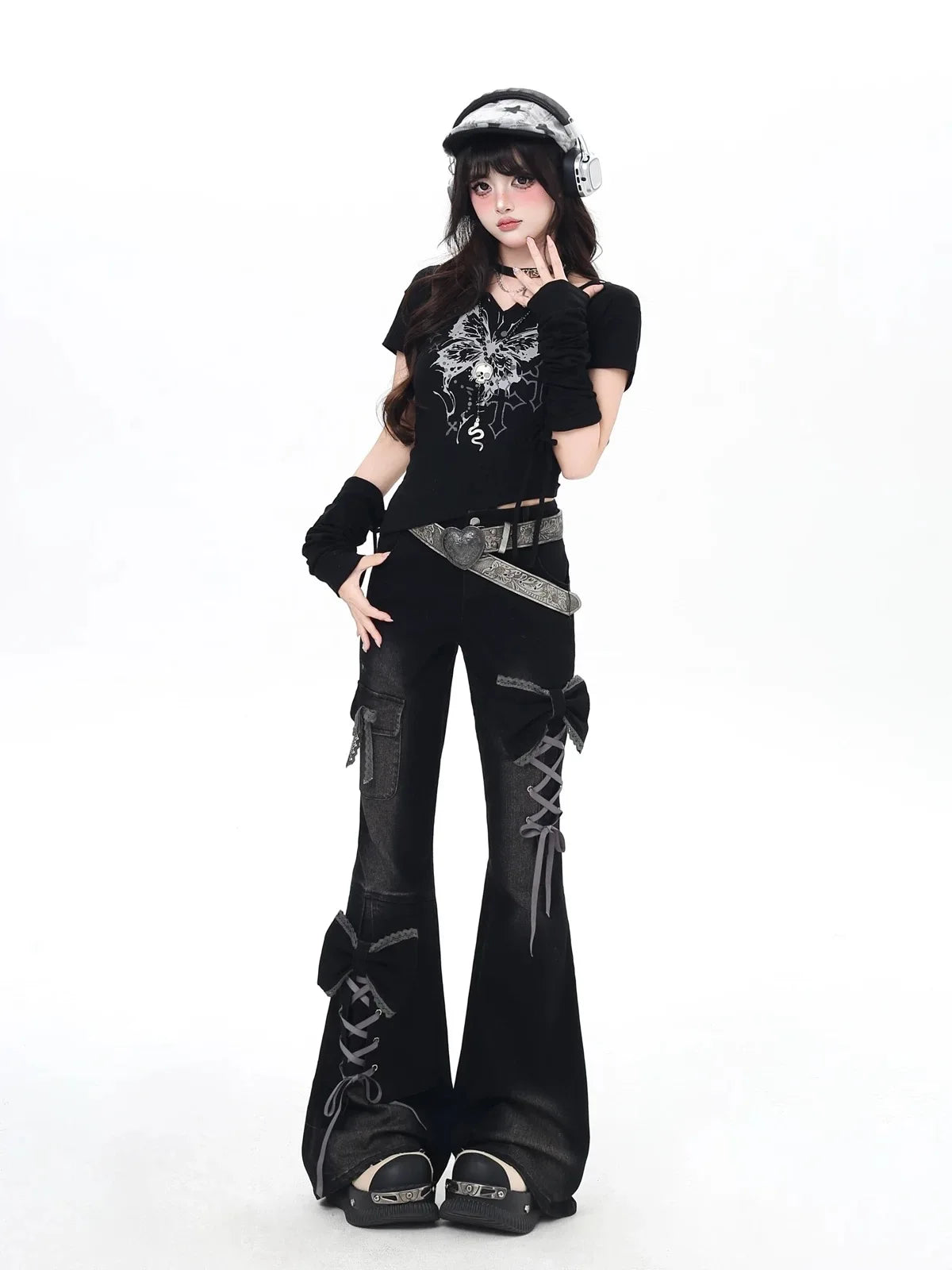 Y2K Bow Jeans Women 3D Design High Waist Slim Fit Flared Pants Spicy Girl
