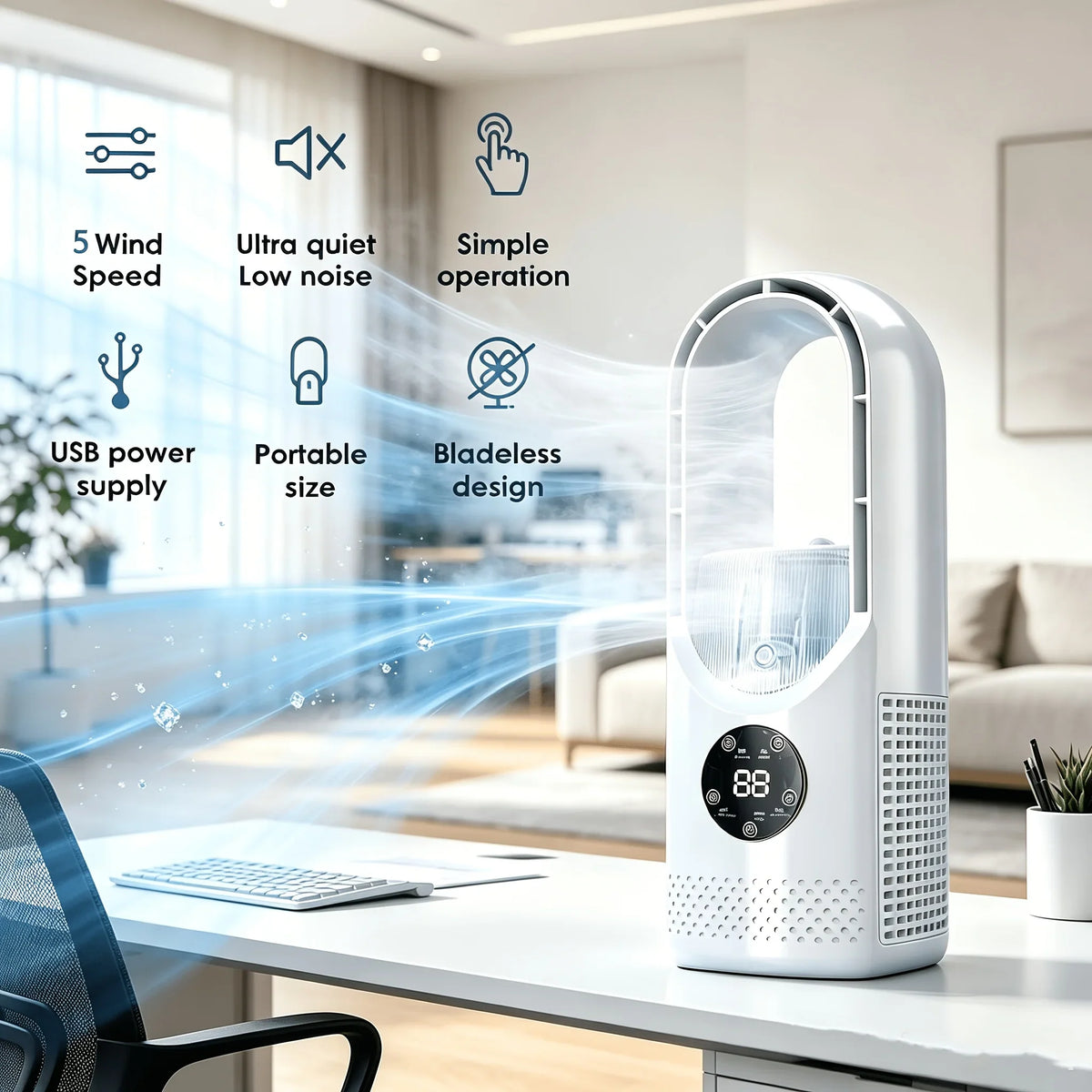 Portable USB Bladeless Tower Fan with LED and Mist Features