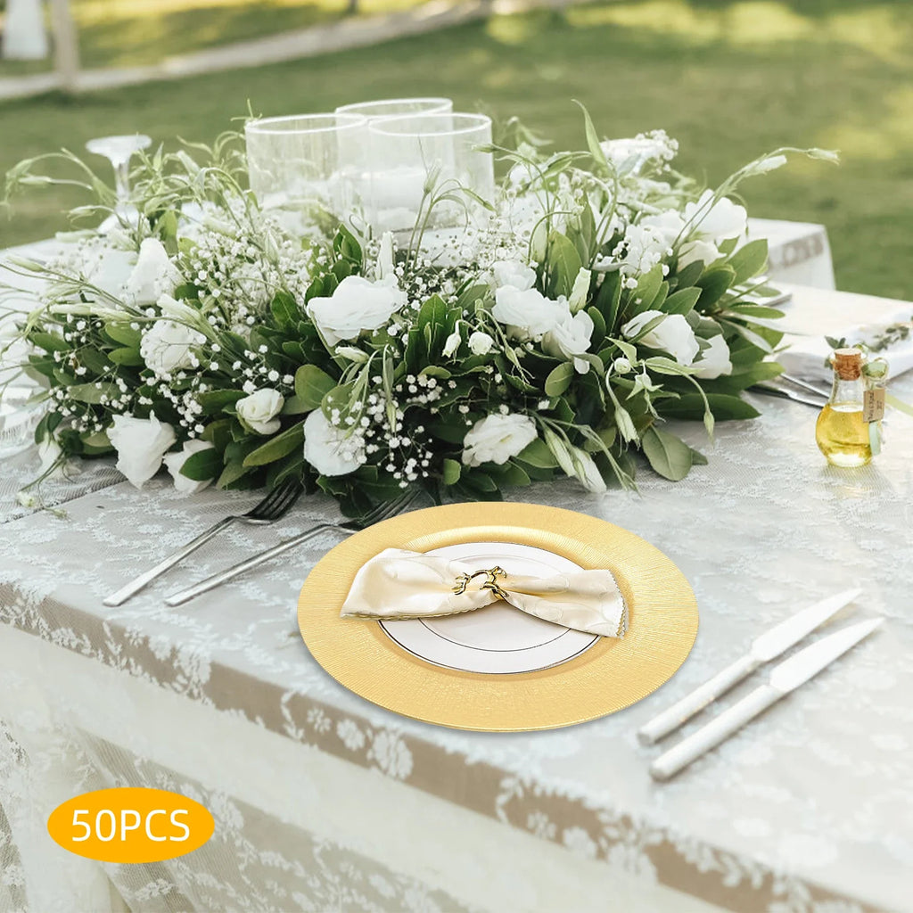 50-Pack Gold Charger Plates – Pp – 12.99" – Spray Painted – Stackable – for Wedding Party Banquet Table Decor – 17.64 Lbs