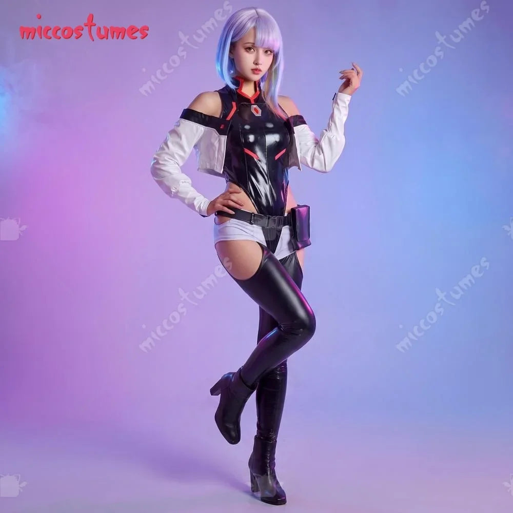 【Ready for Ship】Cosplay.fm Women’s Cyberpunk Cosplay Costume PU Leather Bodysuit Set for Halloween