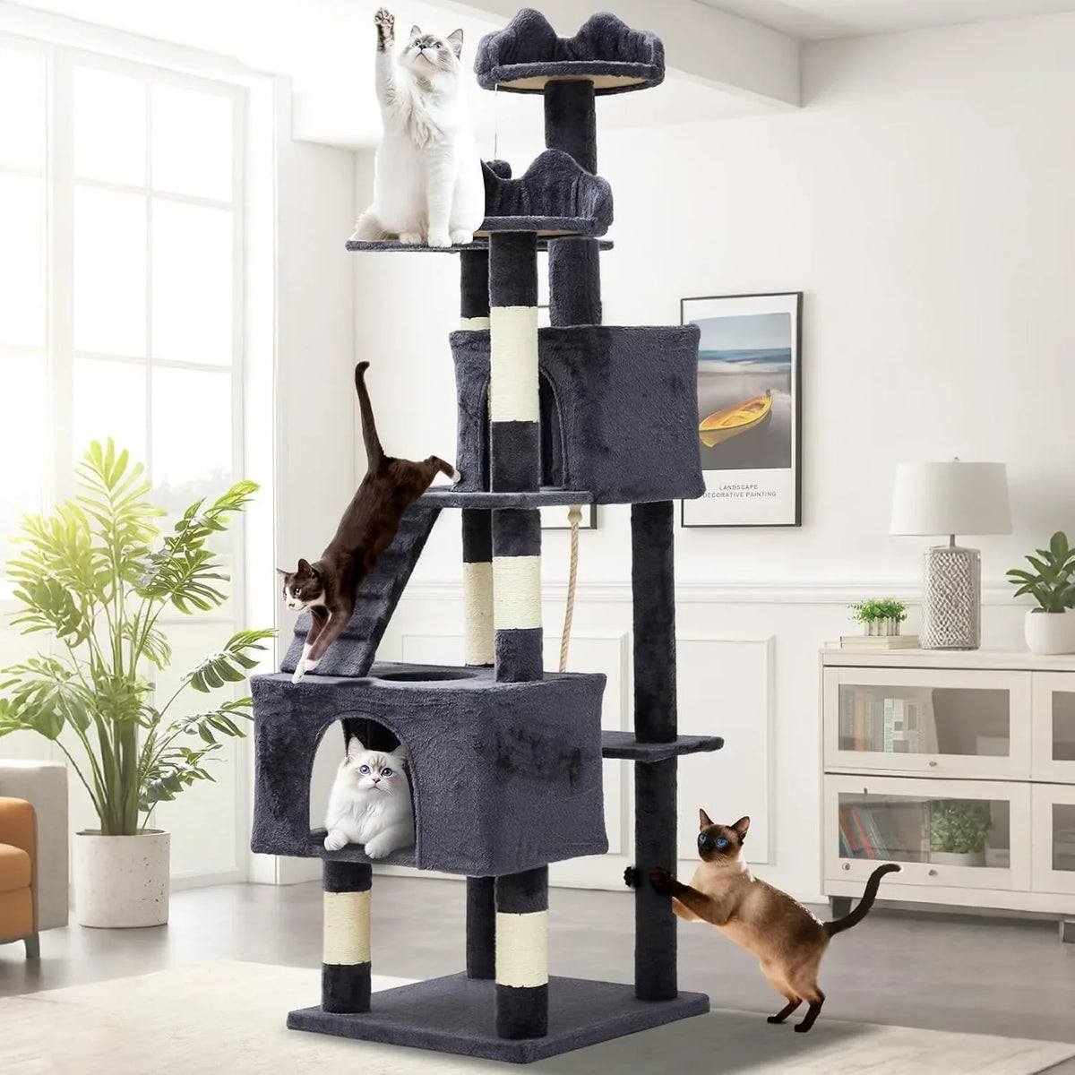 72-Inch Multi-Level Cat Tree Tower - Particle Board, 6 Sisal Posts, 2 Condos, 3 Perches, Hammock, Tunnel, Anti-Tip Kit, Grey