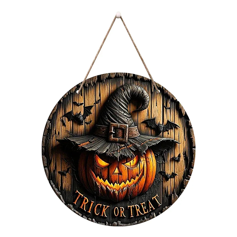 Round Wooden Halloween Sign, Pumpkin and Ghost Decor