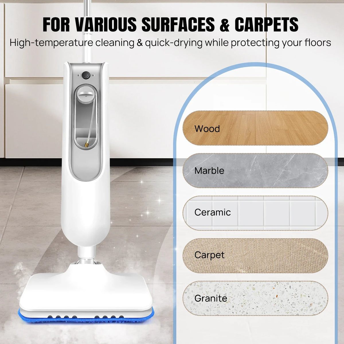 DayPlus 12-in-1 Electric Steam Mop - 1500W, 400ml, 20-Sec Heat-Up, Rotatable Head, Carpet Glider, Handheld, UK Plug