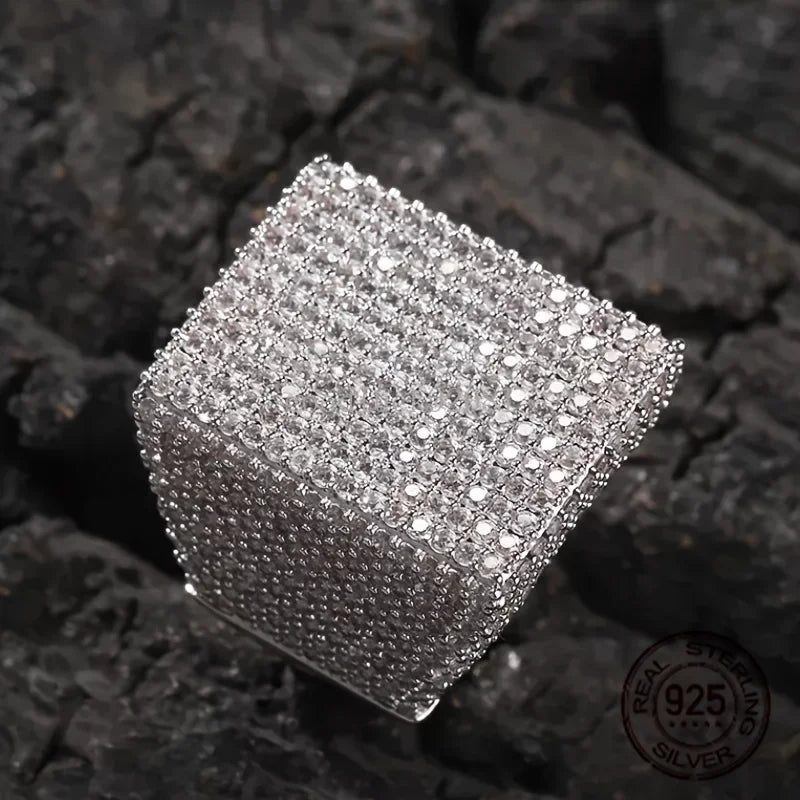Men's 925 Sterling Silver Rectangle Zircon Statement Ring