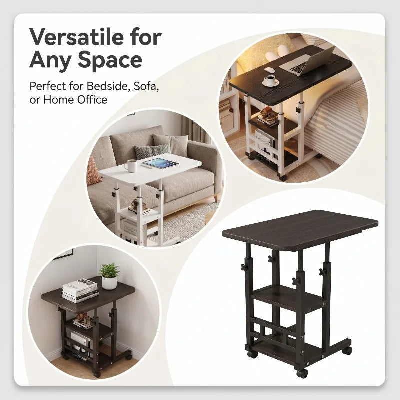 Mobile Height-Adjustable Laptop Desk with Dual Shelves